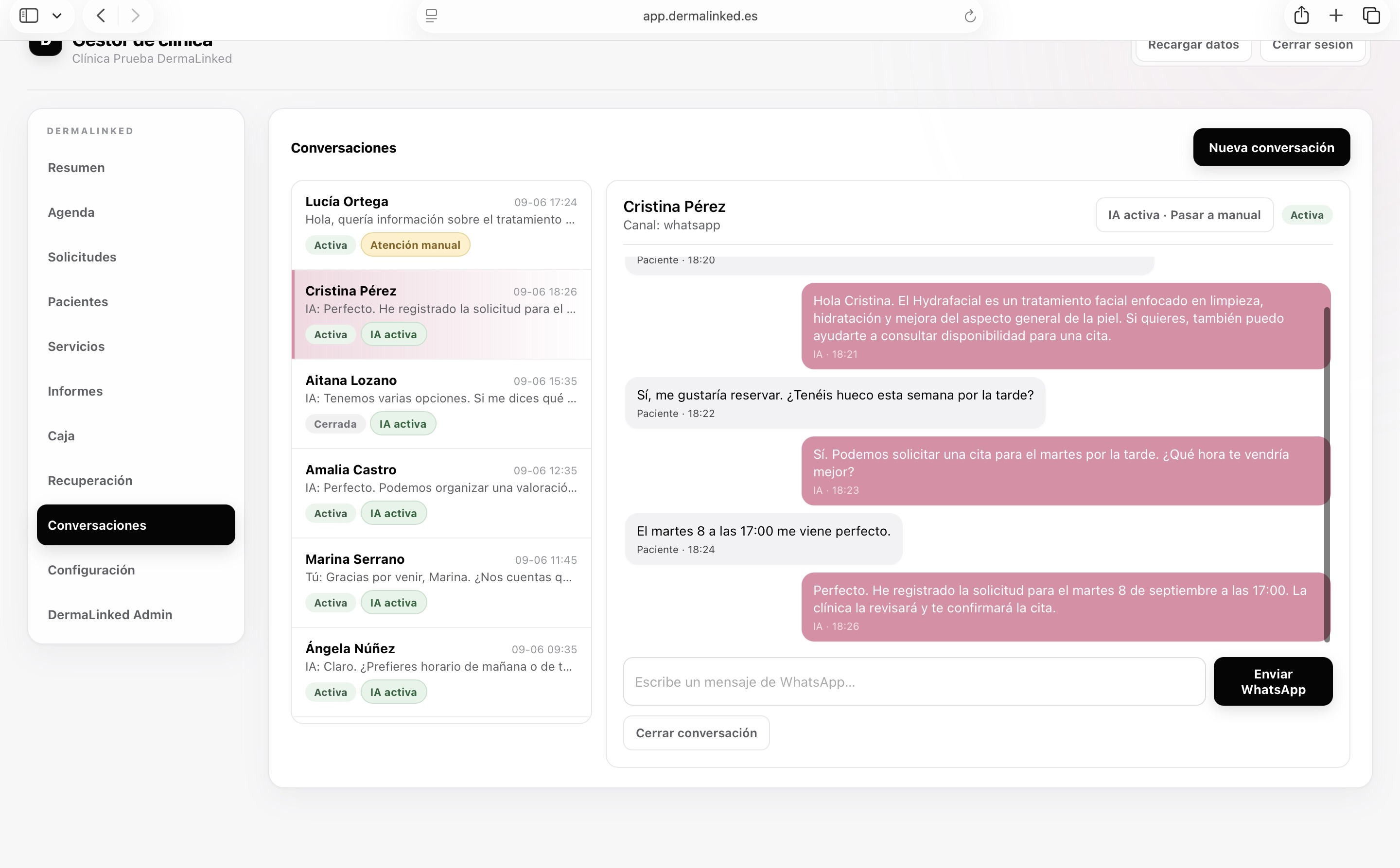 Conversación con un paciente gestionada desde DermaLinked